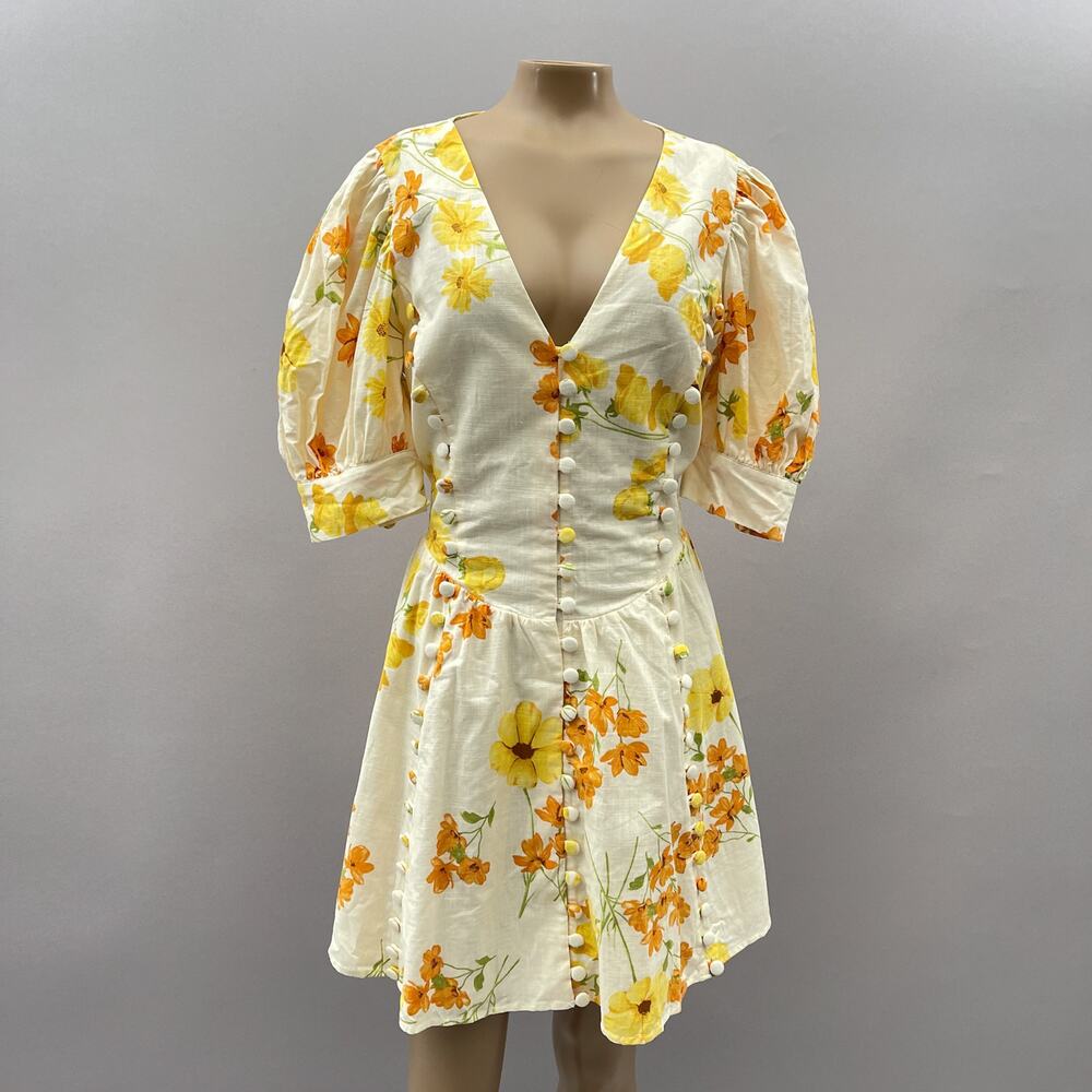 Sabo Luxe Dress Women XL US 10 Yellow Floral Deon Button Mini Puff Sleeve NEW